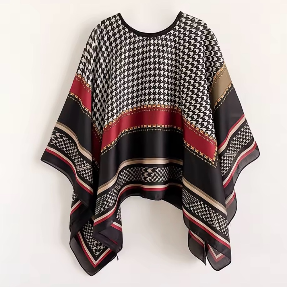 Chic Black and Red Houndstooth Poncho